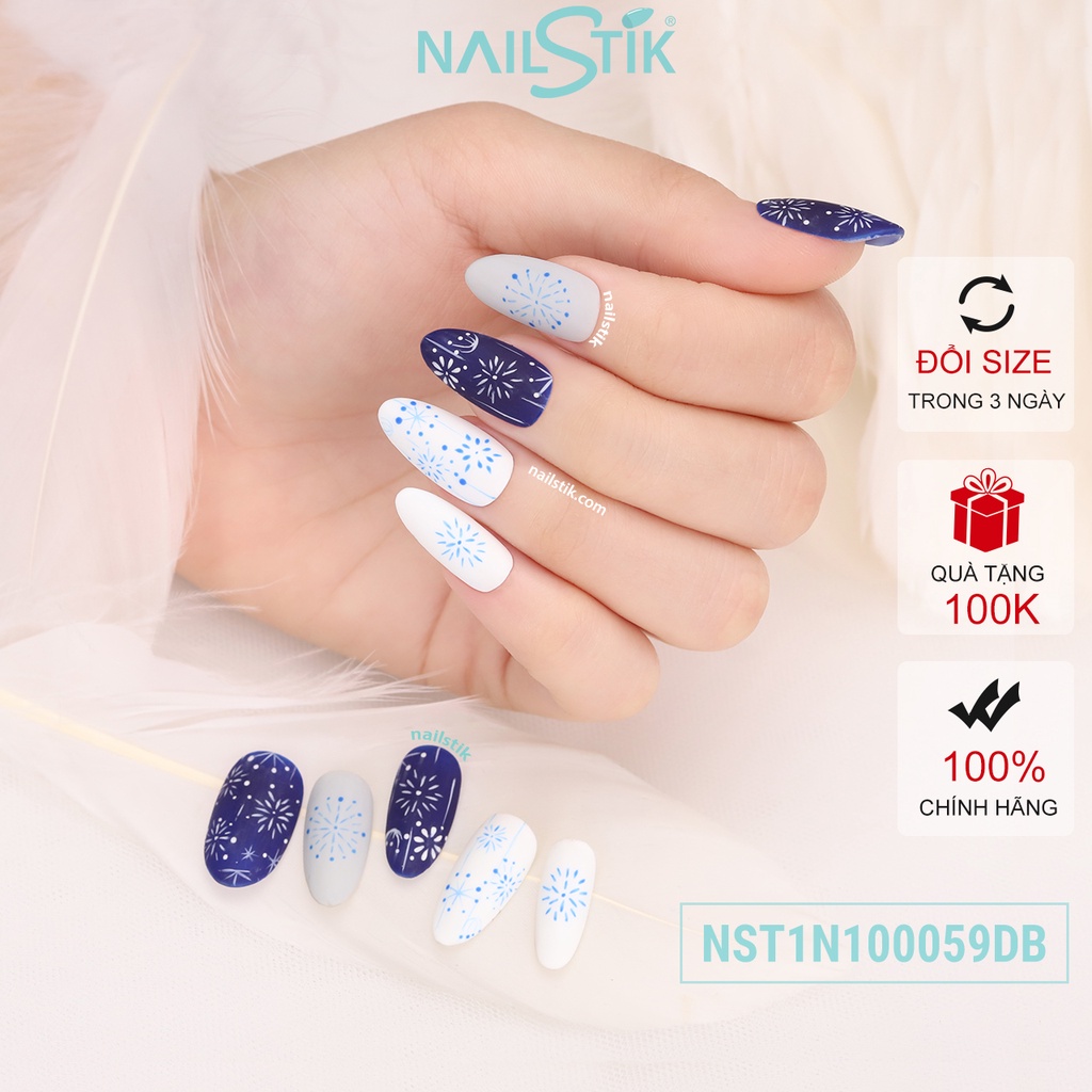 Móng úp thiết kế by NAILSTIK, màu xanh, form móng bầu, ngắn/dài,  059