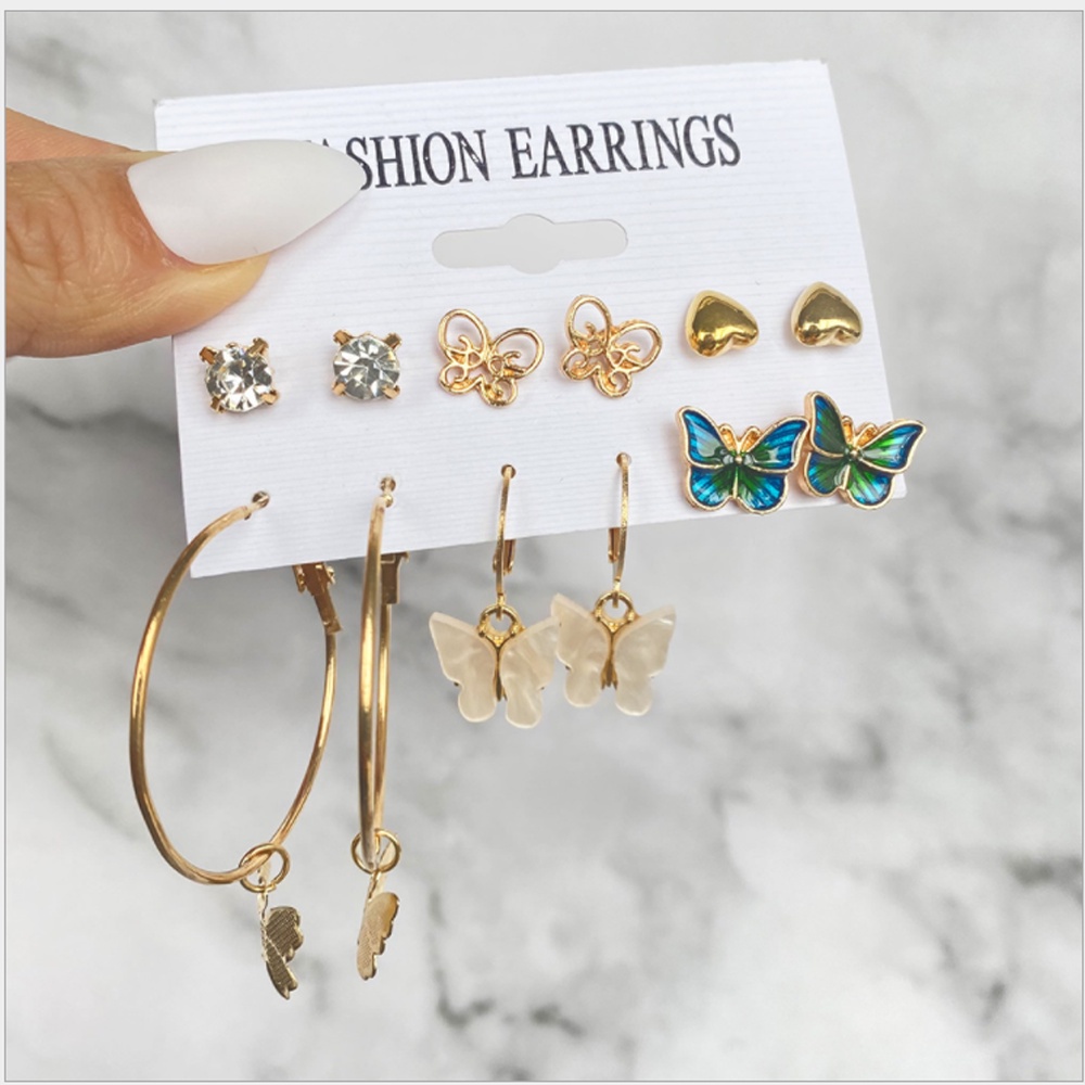 Bông Tai Dáng Dài Họa Tiết Hình Học &amp; Bướm Đính Đá JP5