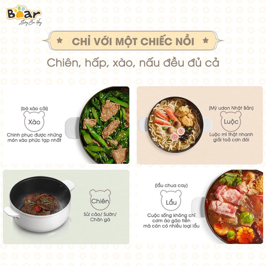 Nồi điện đa năng Bear 2.5L (có chảo và xửng hấp Inox) nồi lẩu điện size 20cm, HomeMart – Hàng chính hãng BH 6-18 tháng