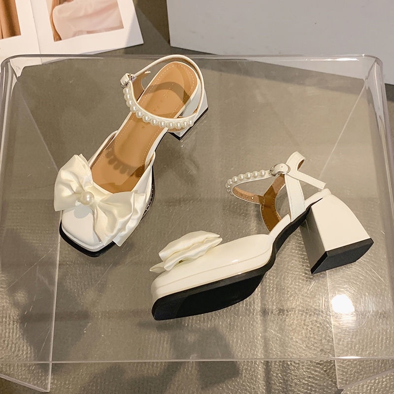 SẴN HÀNG  _ Giày cao gót mũi vuông phối nơ ngọc siêu nữ tính