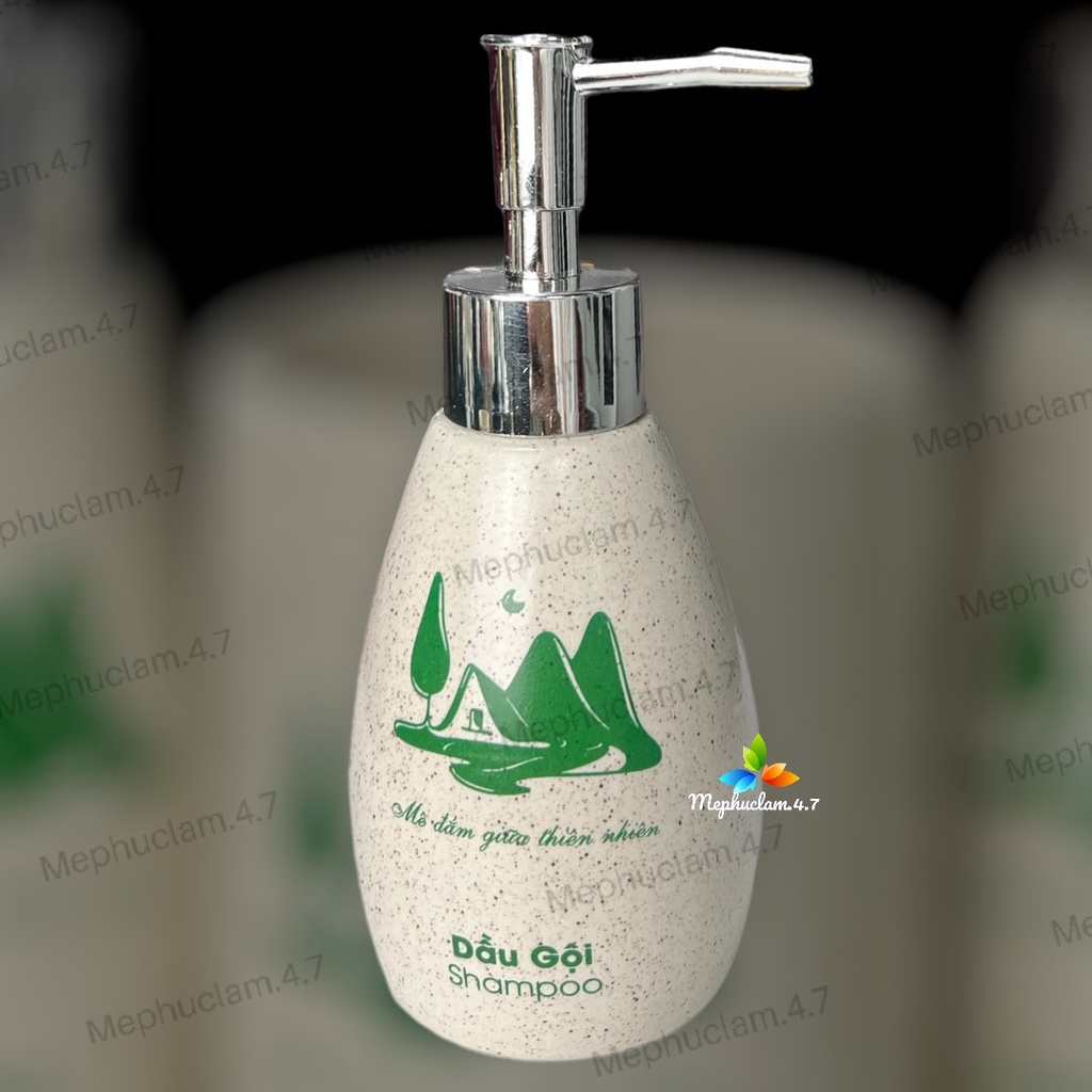 Bình gốm sứ xoài tròn núi xanh đựng dầu gội,sữa tắm,nước rửa tay,cốc đánh răng cho khách sạn, resort, homestay