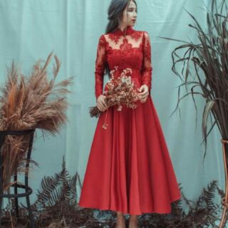 Đầm xòe đỏ phối ren cao cấp