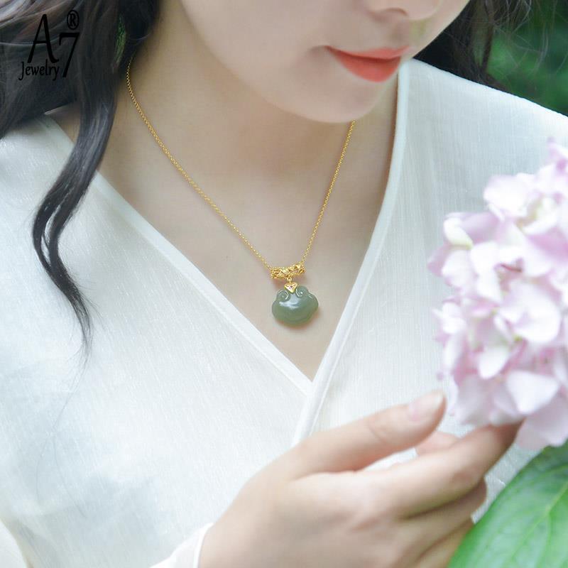 Vòng cổ Bạc S925 Mặt Đá Ngọc Bích Hình Đám Mây Phong Cách Retro Nghệ Thuật Cho Nữ