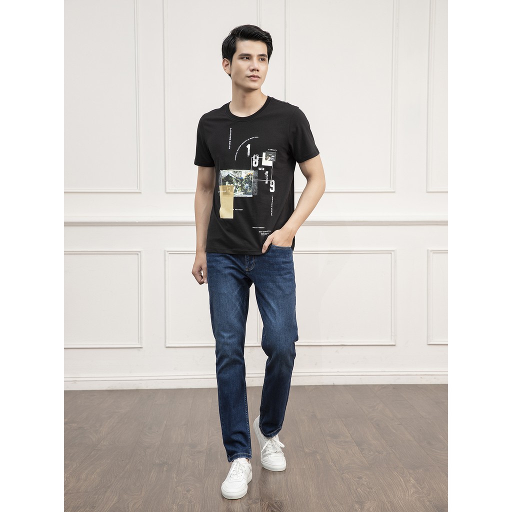 Áo Thun Nam Tay Ngắn Không Cổ Aristino ATS002S1 Màu Đen 9 Dáng Regular Fit Cổ Tròn Vải Cotton Mịn Mát