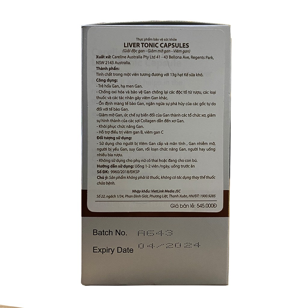 Viên Uống Hỗ Trợ Tăng Cường Chức Năng Gan Liver Tonic Careline Lọ 60 Viên