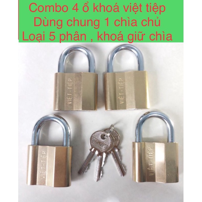 Combo 4 ổ khóa việt tiệp dùng chung 1 chìa ( loại 5 phân , khóa giữ chìa , gồm 4 chìa sơ cua )
