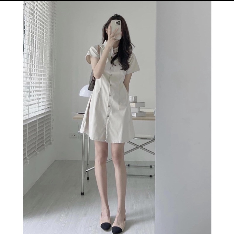 Váy Kaki 2 Da Cúc Gỗ Tay Ngắn Chun Eo Sau Mặc Đi Tiệc Đi Chơi