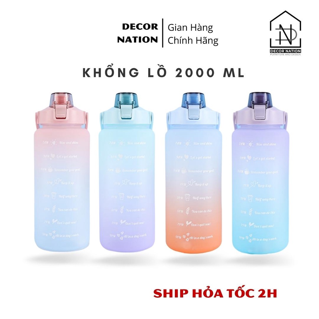 Bình Nước 2 Lít Có Chia Vạch Nhắc Uống Nước Theo Giờ Dành cho người lười uống nước | Nắp Bật Có Ống Hút