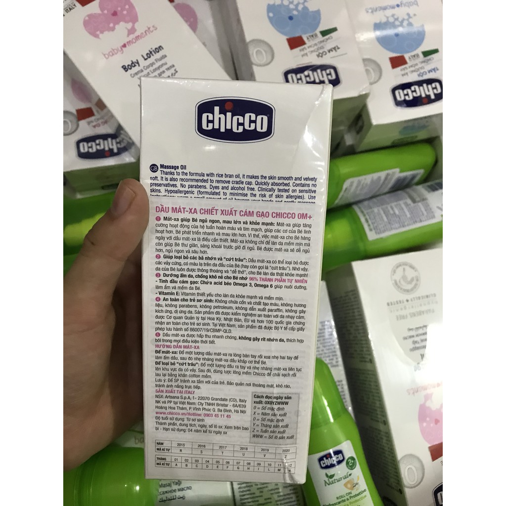 Dầu mát-xa chiết xuất cám gạo 0M+ Chicco 200ml