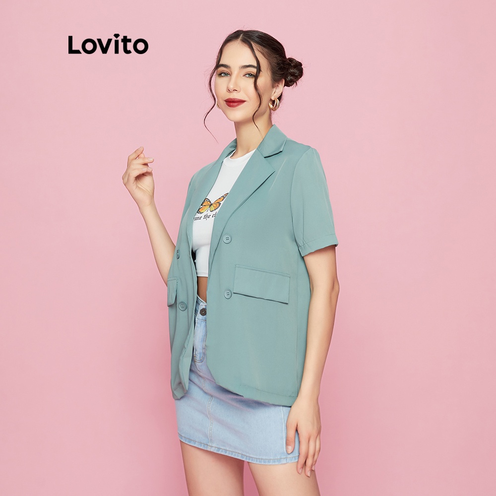 Áo khoác blazer Lovito L09163 tay ngắn dáng rộng màu xanh lá xinh xắn | WebRaoVat - webraovat.net.vn