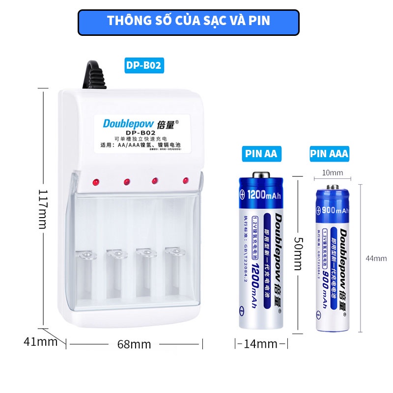 Combo Bộ sạc kèm pin tiểu AA AAA sạc lại Doublepow chính hãng