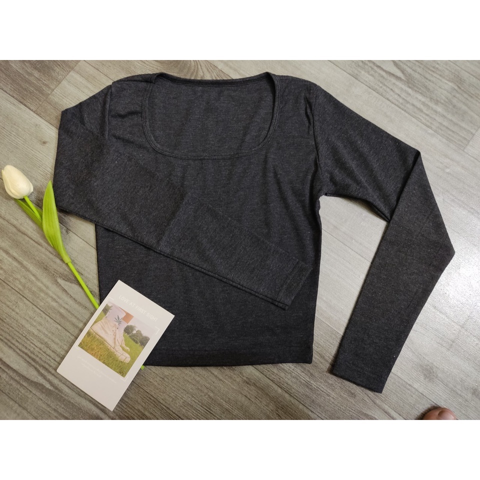Áo Croptop Nữ Trơn Cổ Vuông Tay Dài Kiểu Ôm Body Cotton 100%, Co Giãn 4 Chiều, Áo Dài Tay Thu Đông A04