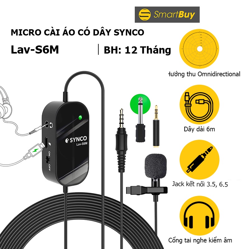 Micro cài áo có dây Synco Lav-S6M cho quay phim, phỏng vấn, quay video vlog, YouTube, TikTok - Hàng chính hãng