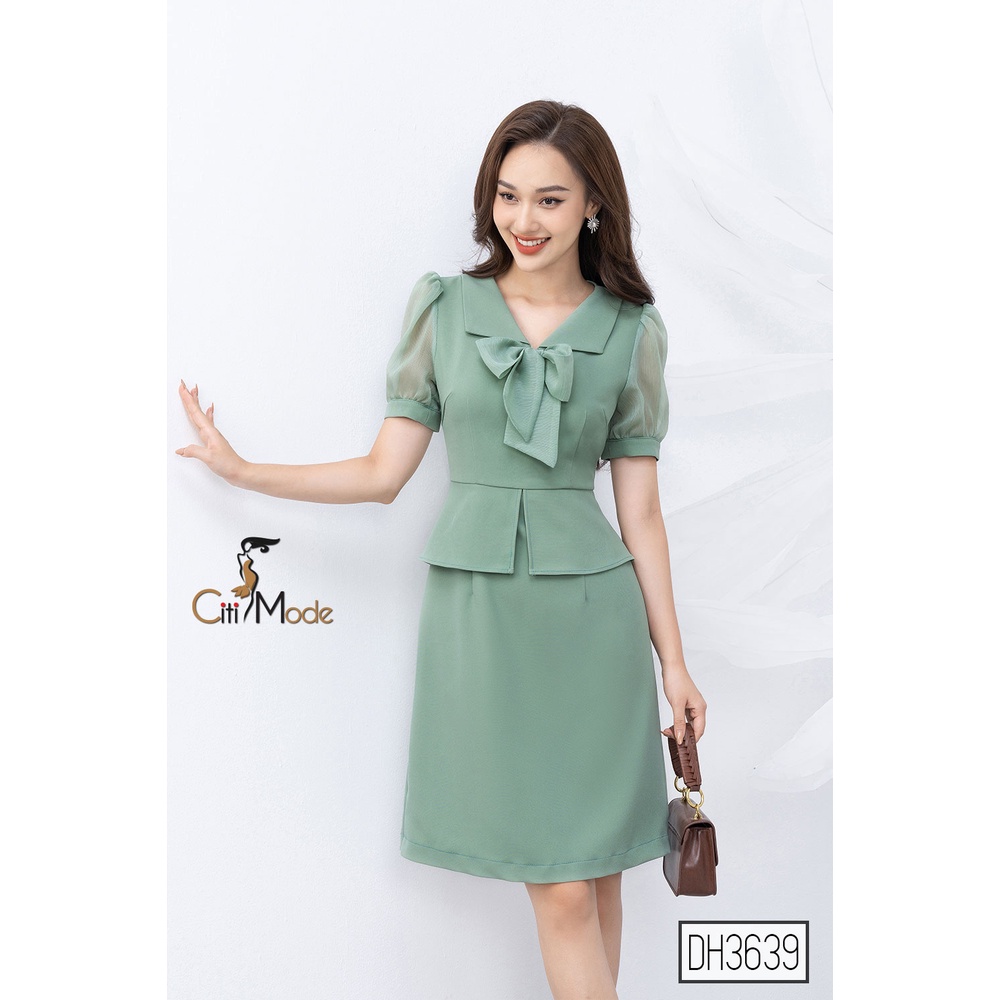 Đầm xòe xanh peplum công sở CITI MODE phối tay voan cổ nơ DH3639