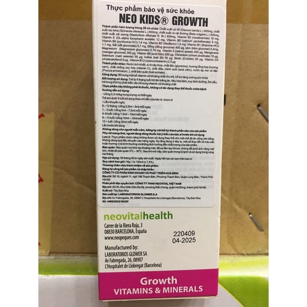 siro Neo Kids Growth vitamin &amp; minerals (Hỗ trợ phục hồi sức khỏe, tăng cường sức đề kháng cho trẻ từ 6 tháng tuổi