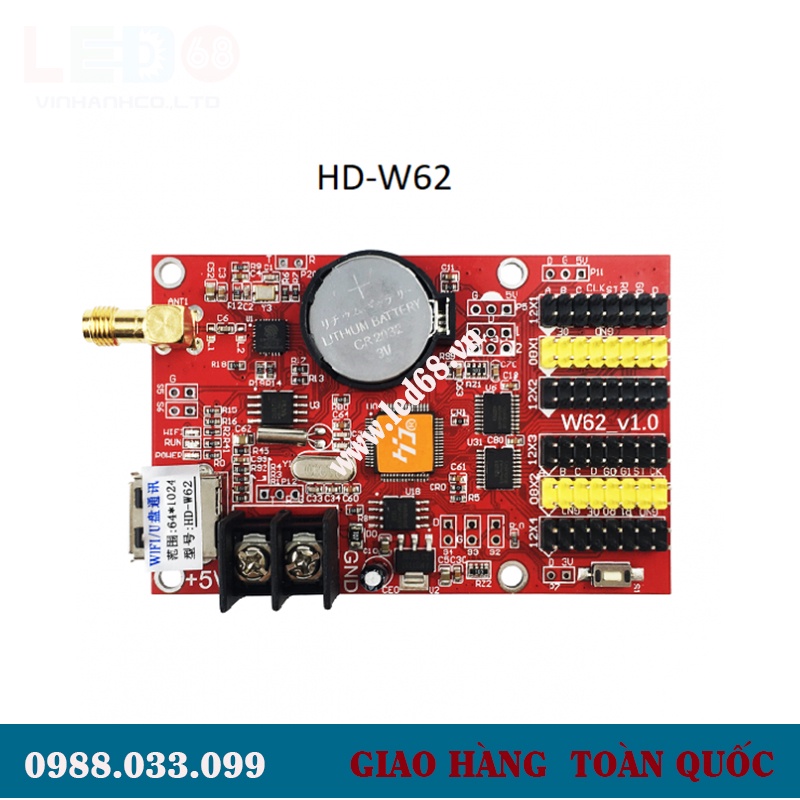 Card  LED HD W62 điều khiển module ma trận 1 mầu và 3 mầu kết nối Wifi tiện lợi , Phần mềm Tiếng Việt, App Mobi