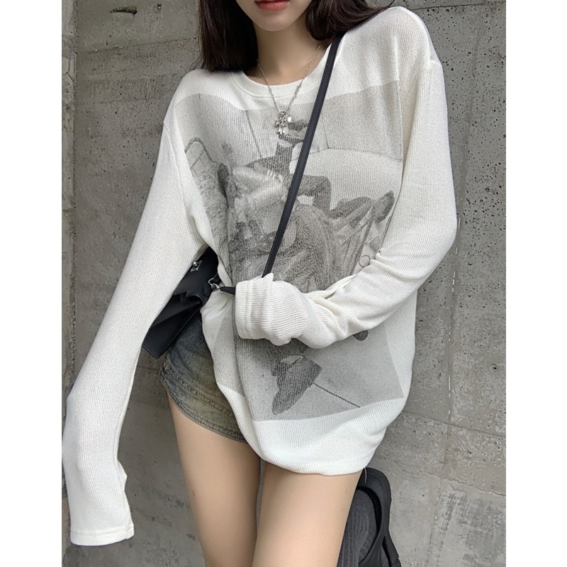 Áo Thun Dệt Kim Tay Dài Dáng Rộng In Họa Tiết Thời Trang Cho Nữ