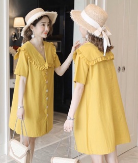 Đầm vàng cổ bèo nút trắng (kèm hình thật)