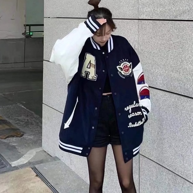S-4XL Áo khoác bóng chày màu navy có mũ trùm đầu thời trang nghề thêu máy bay ném bom hai tầng Vải da cảm thấy Kích thước lớn