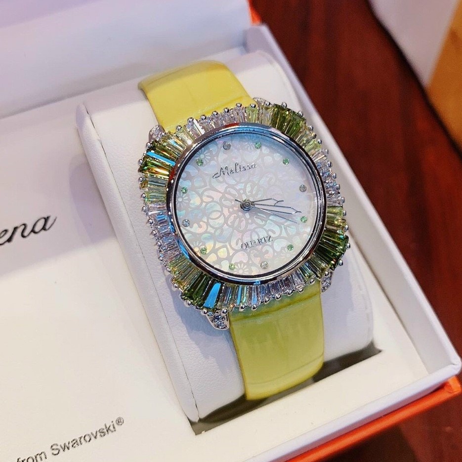 Đồng Hồ Nữ Melissa Đính Đá Dây Da Vàng Silver Authentic 34mm