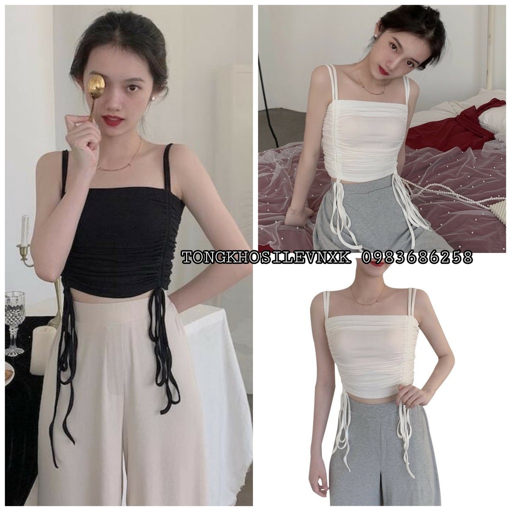 [ Mã WASTAPR giảm 10K đơn 50K] ÁO HAI DÂY NỮ RÚT DÂY 2 BÊN ULZZANG - CROPTOP 2 DÂY RÚT MÀU ĐEN TRẮNG