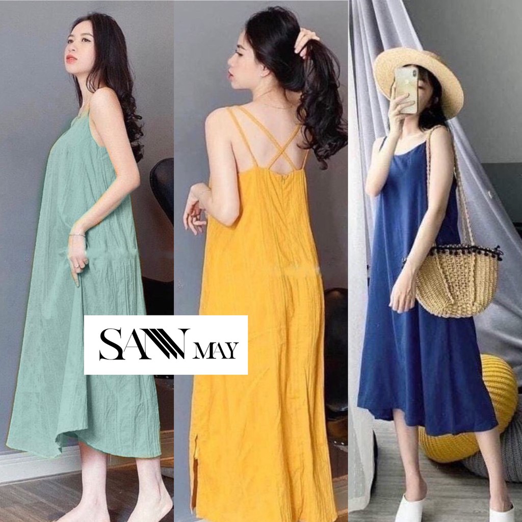 Đầm maxi đi biển, 2 dây đan lưng, chất vải Linen lụa mềm mịn siêu mát, váy maxi dự tiệc SANMAY-VD010