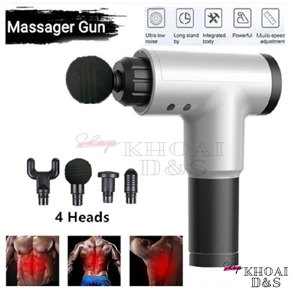 Máy massage cầm tay gun 6 chế độ, 4 đầu xoa bóp giảm đau cơ hiệu quả l Máy mát xa cầm tay không dây, tích điện dùng 5H