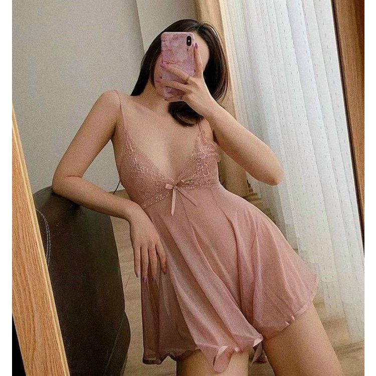 VÁY NGỦ hai dây VOAN nơ lưng XUYÊN THẤU siêu SEXY , SEXYGIRL