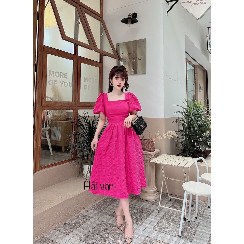 Váy Khoét Lưng Thắt Nơ Cổ, Đầm Tay Phồng Dáng Xòe Thiết Kế 2 Lớp Có 3 Màu Trắng, Hồng, Xanh Cốm