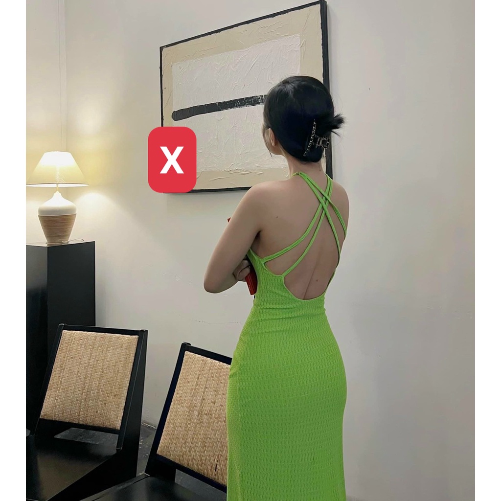 Đầm body dáng dài cổ yếm hở lưng phối 4 dây chéo lưng sexy chất thun xốp MS70