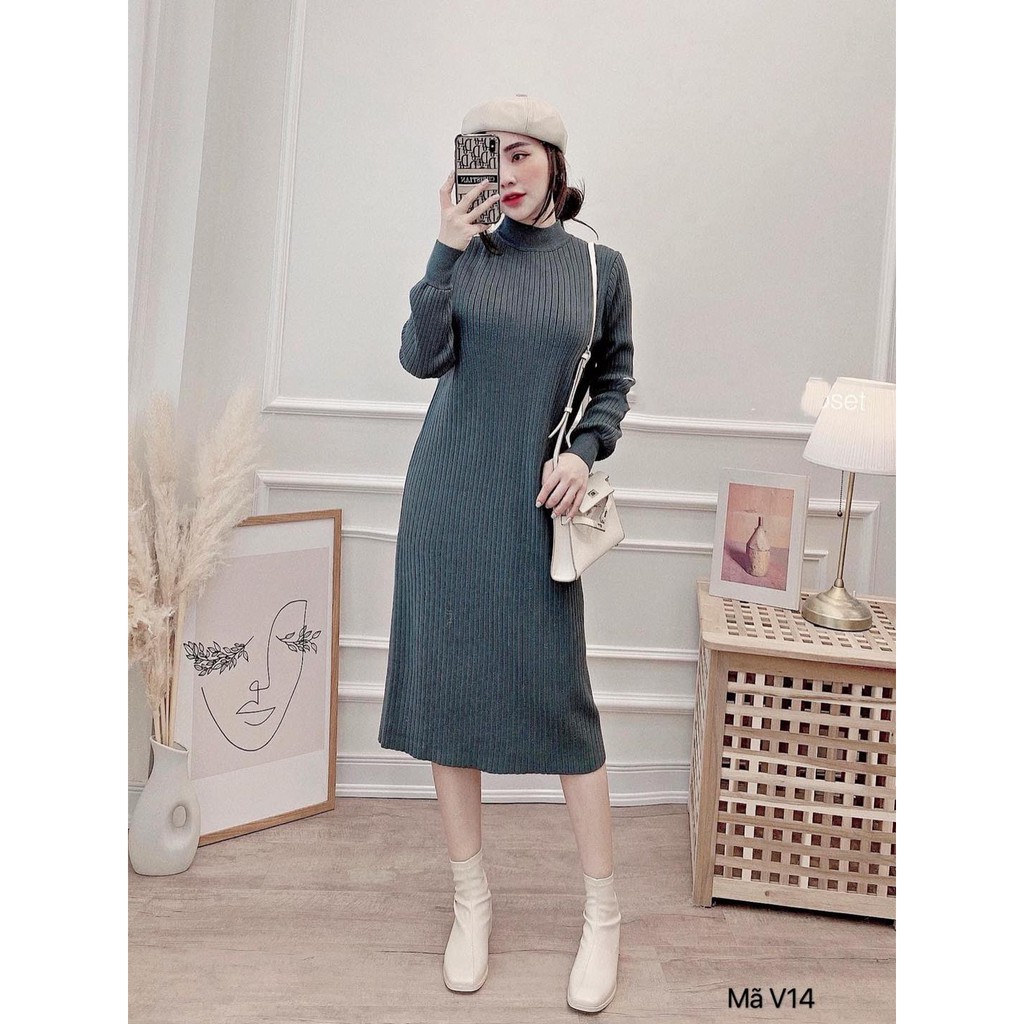 Váy suông len tay dài có bo, cổ tròn, dáng đầm suông rộng freesize 5 màu trơn, mã V14 - Michi's House | BigBuy360 - bigbuy360.vn