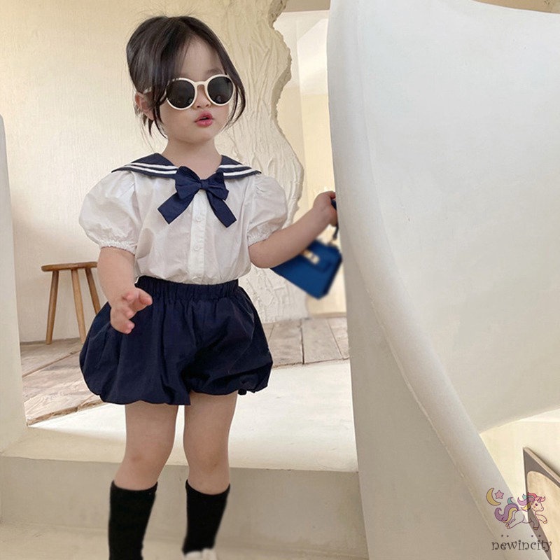 Set Áo Thủy Thủ Tay Ngắn + Quần Short Năng Động Thời Trang Hè Phong Cách Hàn Quốc Cho Bé Gái