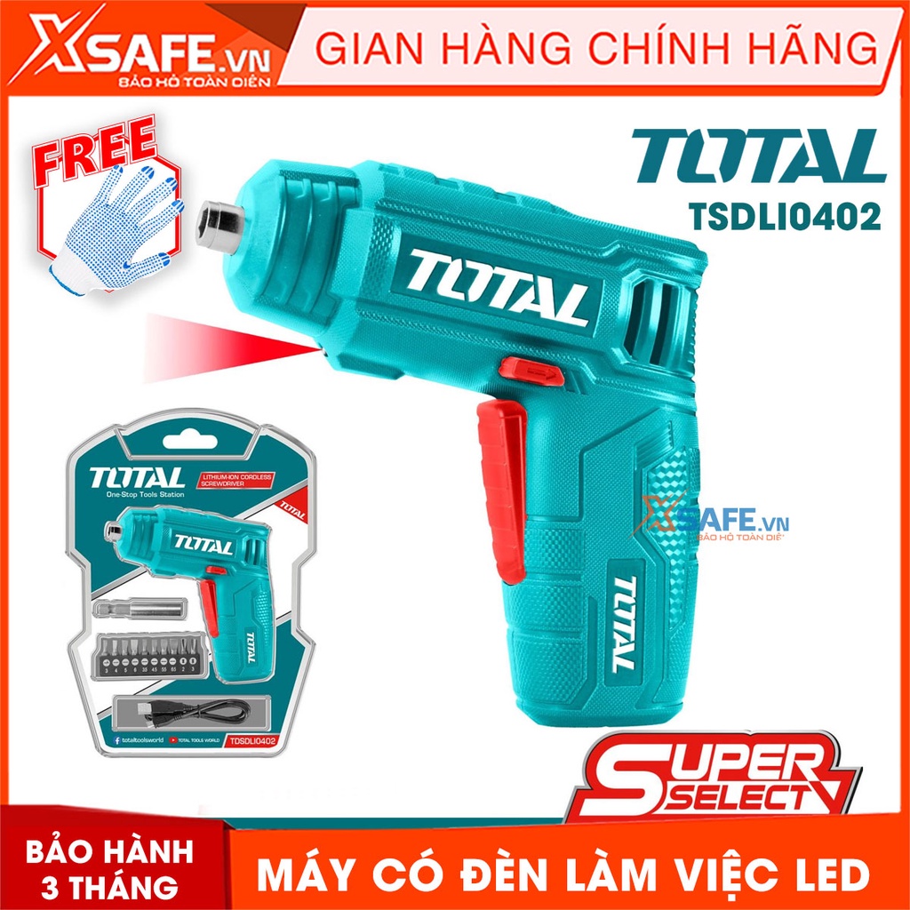 Máy bắn vít mini dùng pin 4V TOTAL TSDLI0402 đầu lục giác 1/4'', tốc độ 180v/p, lực xoắn 4nm, đèn led chiếu sáng - xsafe