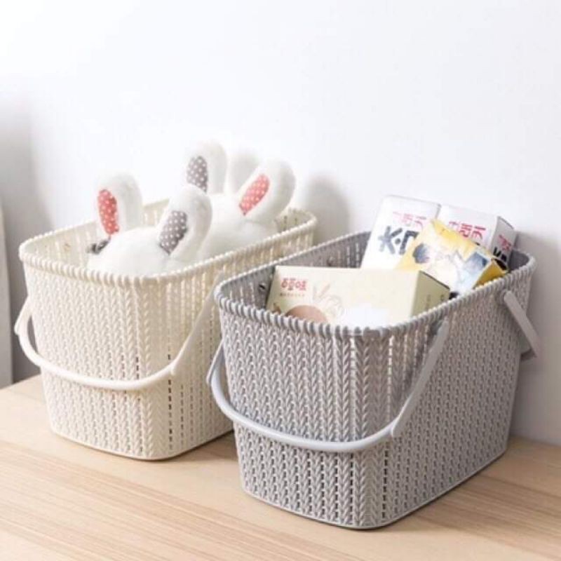 rổ sọt nhựa đựng đồ có quai xách giả mây đan kiểu dáng Hàn Quốc kt 27*17*18cm