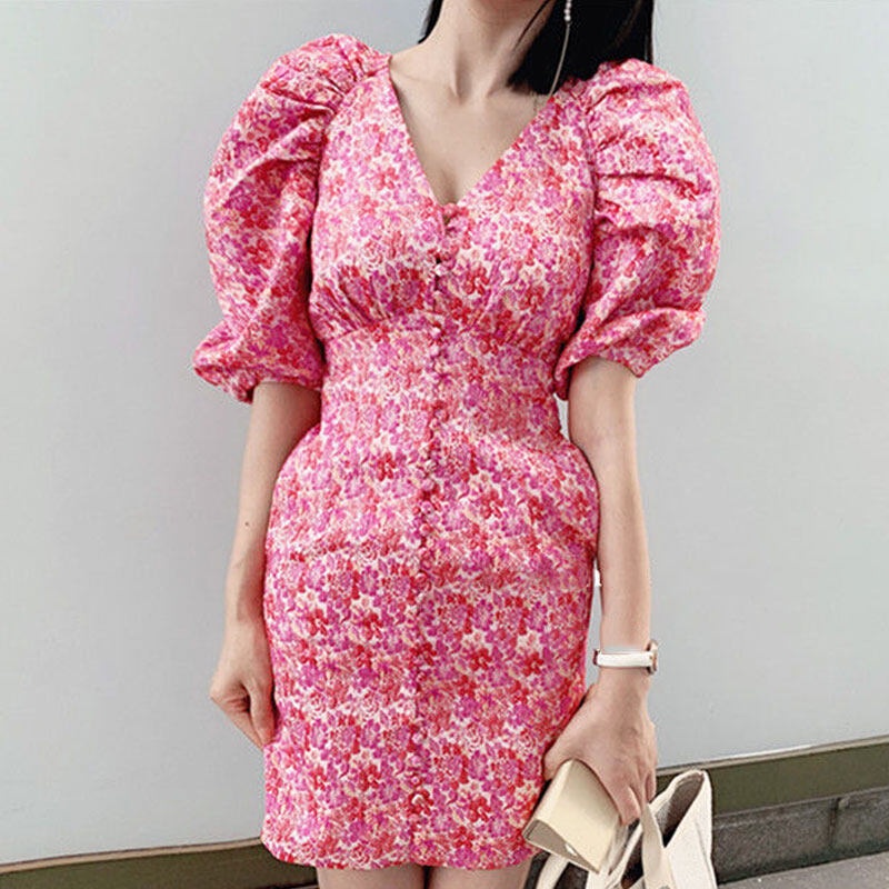 TAFON Elegant French Puff Sleeve Fashion Floral Dress