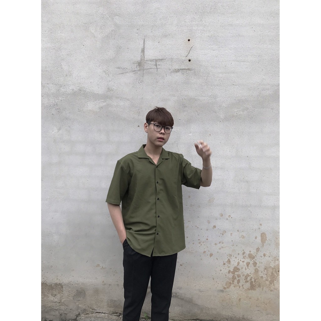 ÁO SƠ MI nam xanh rêu cổ vest tay ngắn CHUOT TRANG KKL