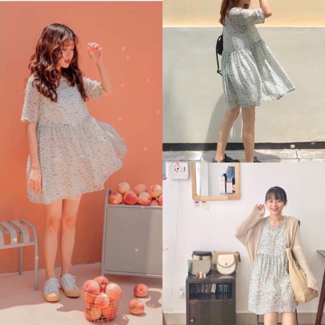 Đầm hoạ tiết xinh độc lạ minty dress mẫu babydoll hoa nhí chất voan mát rượi 2 lớp dày dặn có lót 2 dây ( kèm ảnh thật)