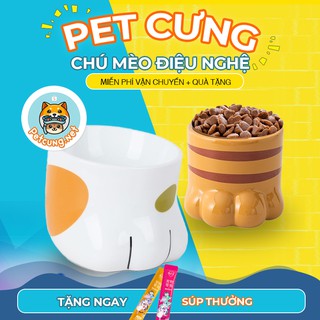 Bát ăn nghiêng cho chó mèo hình bàn chân mèo bằng sứ (Tặng kèm súp)