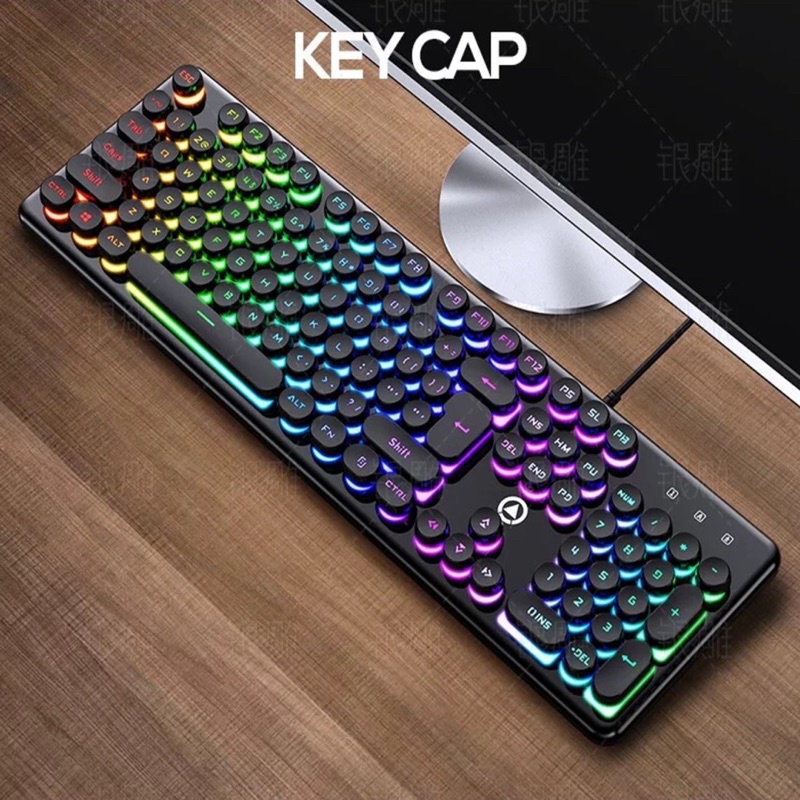 COMBO Bàn Phím Nút Tròn Chuột Máy Tính Laptop Giả Cơ YINOIAO V7 G15 LED Xuyên Chữ Đa Dụng Chơi Game Làm Việc Màu Hồng