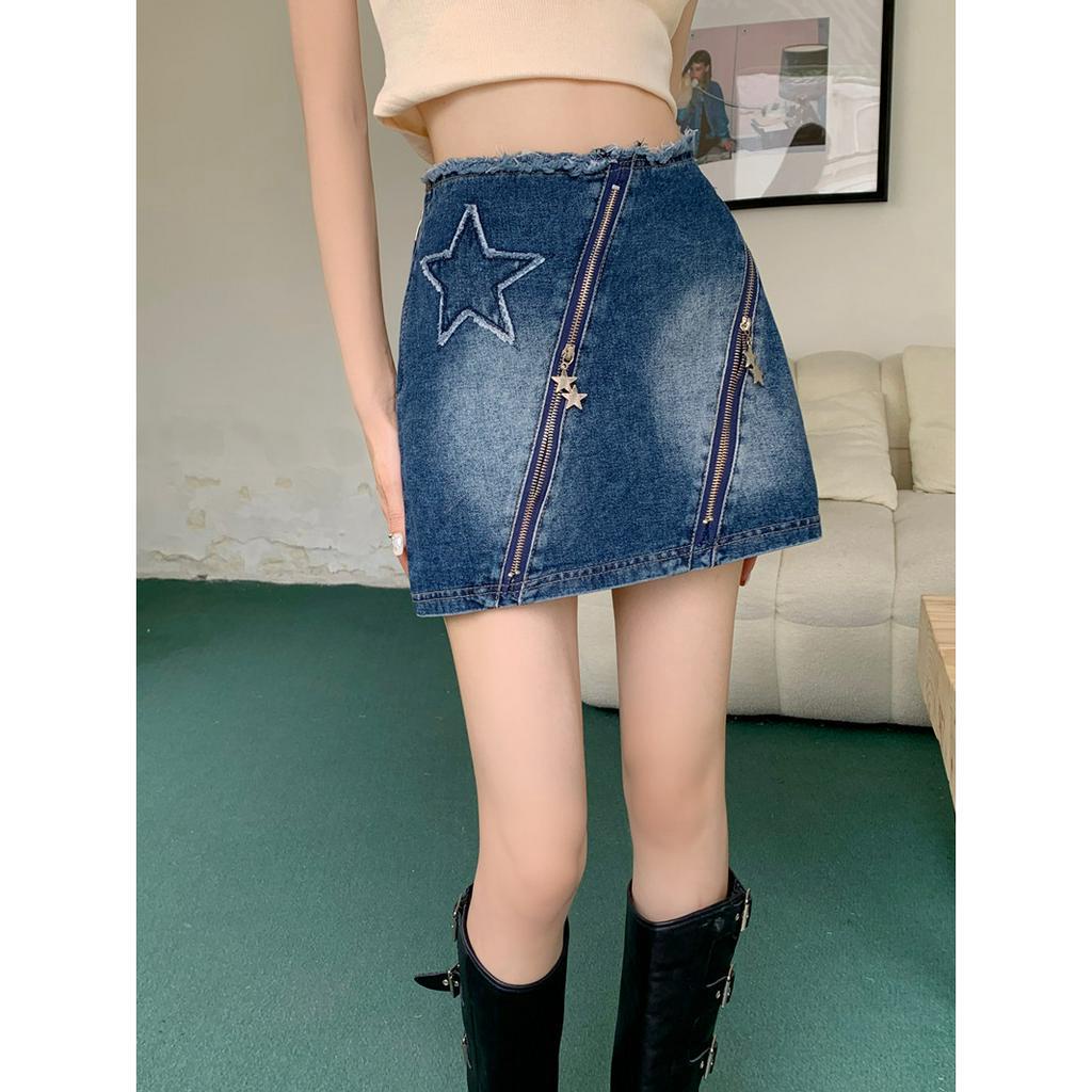 Lalisas Chân váy jean Ngắn Chữ A Lưng Cao Họa Tiết Ngôi Sao Viền Thô Phong Cách retro Cho Nữ