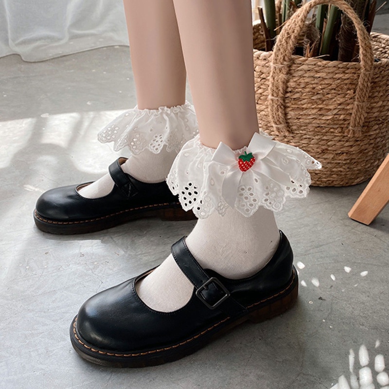 Youyo Đôi Vớ Ngắn Phối Ren Viền Bèo Đính Nơ Dâu Tây Phong Cách Preppy Lolita Ngọt Ngào Cho Nữ