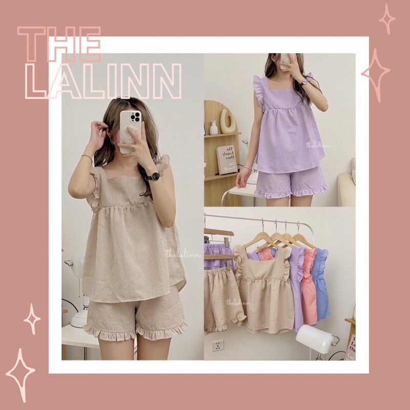 Pijama cánh tiên kẻ caro chất xốp form rộng mùa hè. Bộ ngủ nữ cánh tiên kẻ caro