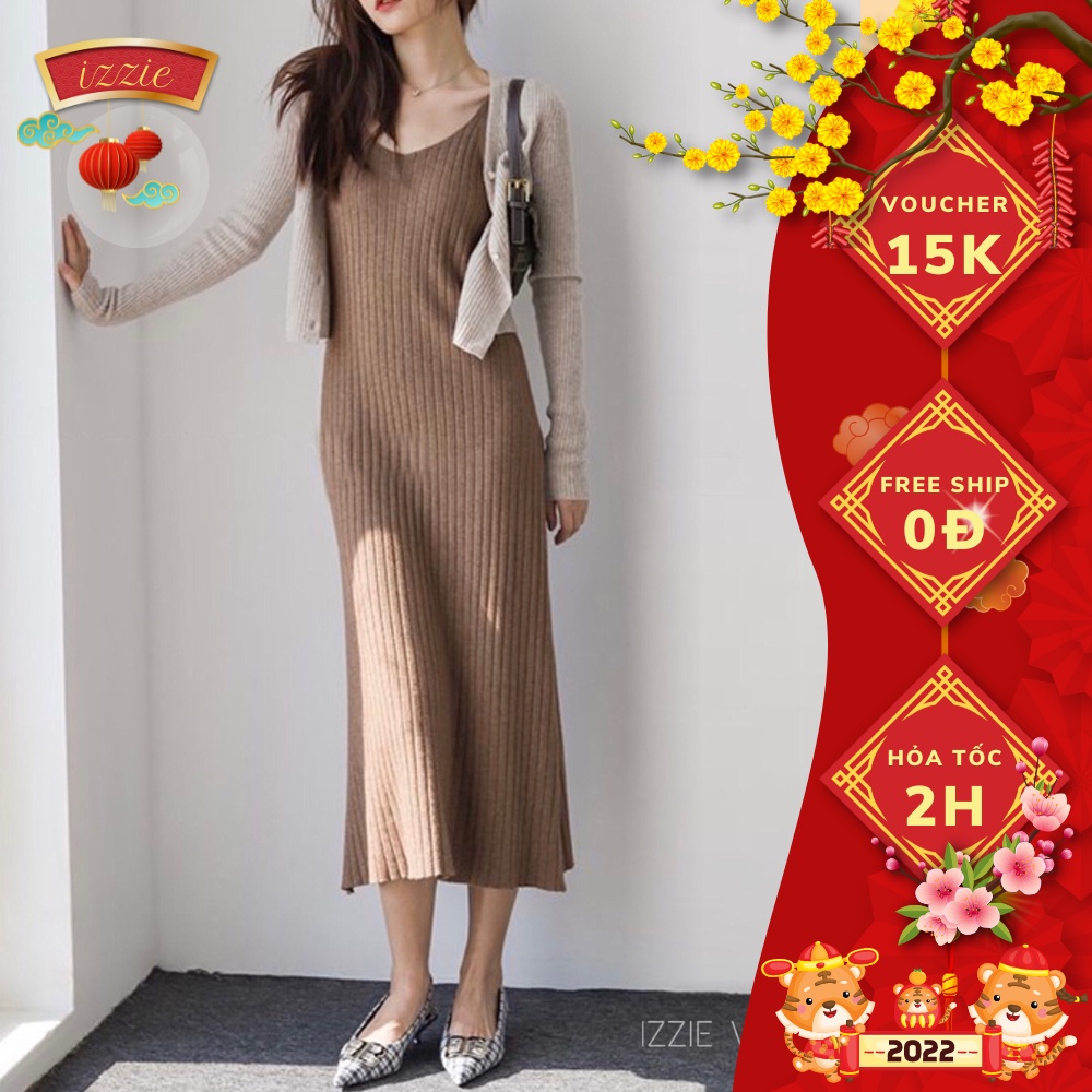 Váy len vân tăm bản to VL356 Izzie 2022, co giãn dễ mặc, màu sắc tôn da, xẻ tà sau, bầu mặc đươc, form từ 40-65kg