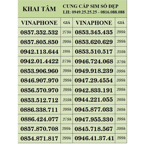SIM VINAPHONE SỐ ĐẸP PHONG THỦY