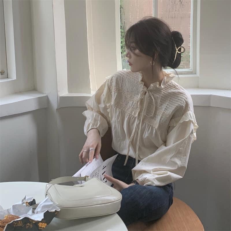 Áo babydoll ren ngực bèo cổ thắt nơ siêu xinh - Áo sơ mi cánh tiên viền bèo cách điệu ulzzang