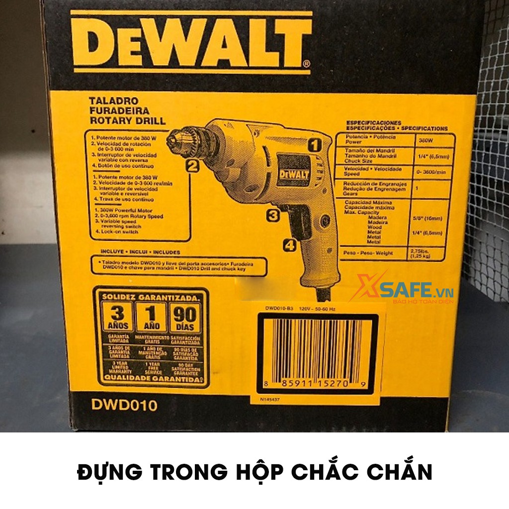 Máy Khoan Sắt DeWALT DWD010 công suất 380W, máy khoan cầm tay tốc độ không tải 3.600 vòng/ phút, có khả năng khoan sắt