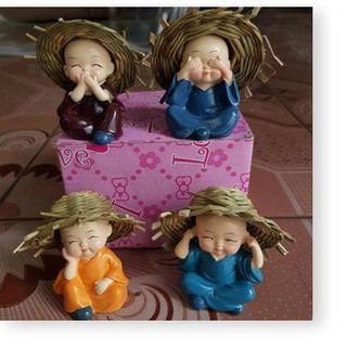 Bộ 4 tượng chú tiểu tứ không phong thuỷ đội nón rơm