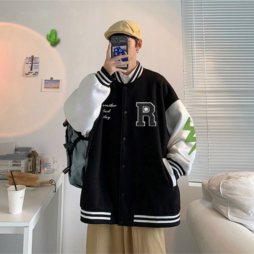 Áo khoác Bomber In hình nổi chữ R unisex nam nữ form rộng 2 lớp cao cấp phong cách Hàn Quốc - A01