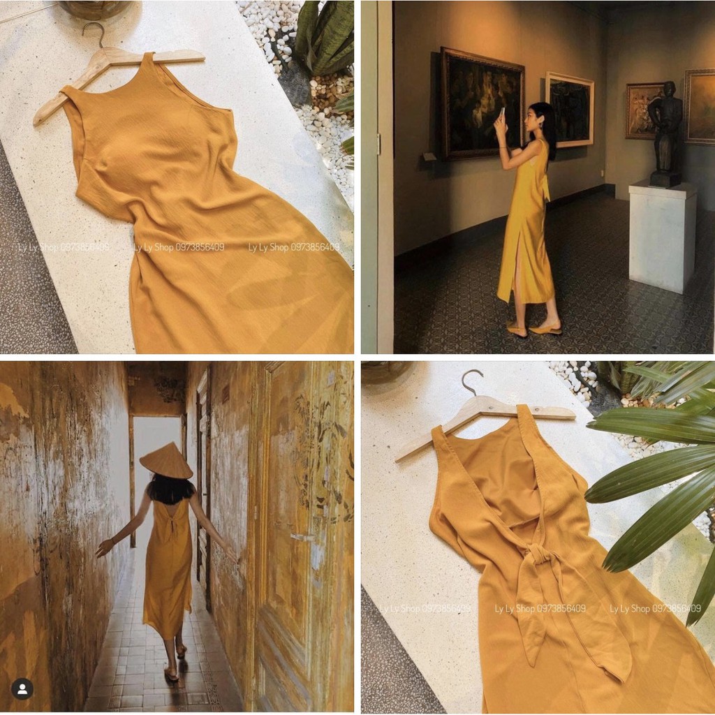 Đầm Sunny nơ lưng 3 màu vàng/đen/xanh biển