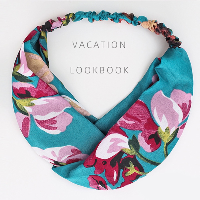 Băng Đô Cài Tóc rửa mặt Bằng Vải Lụa Co Giãn Họa Tiết Chữ Ry Geranium Và Hoa